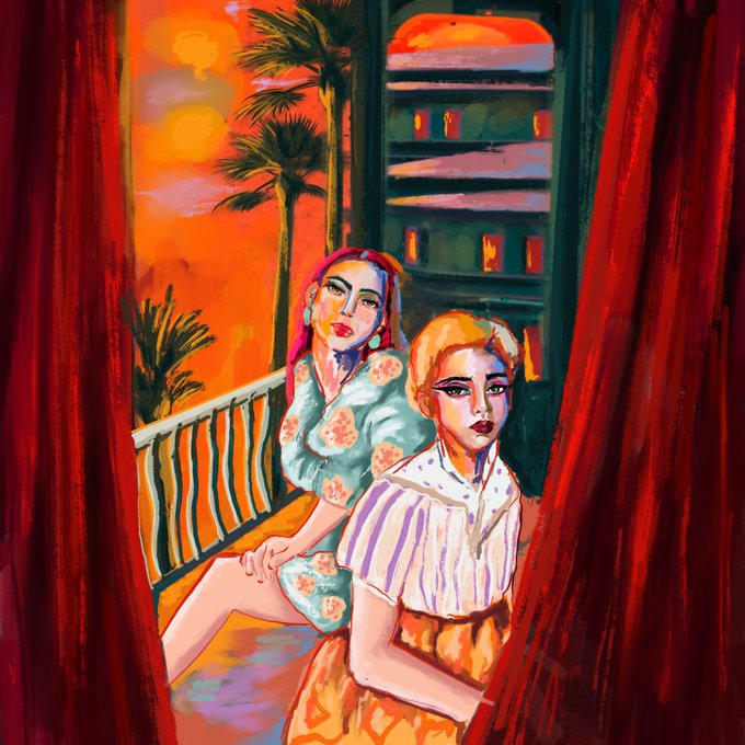 A vibrant painting depicts two women with stylized features, one with red hair and the other with blonde hair, sitting on a balcony with red curtains against an orange sunset.