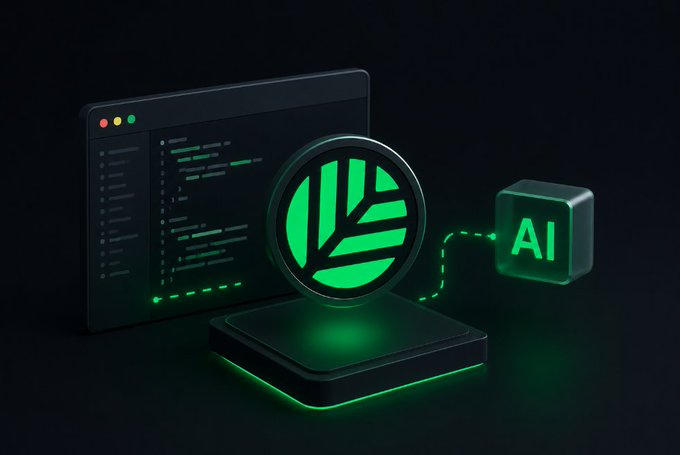 A digital 3D illustration showing a computer monitor with code, a green leaf icon on a circular platform, and a glowing 'AI' cube connected by a dashed line, symbolizing AI and eco-friendly technology.