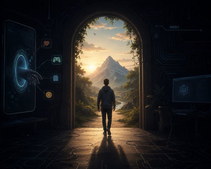 A digital art piece depicting a person walking through a dark, tech-themed doorway into a bright, scenic landscape with a mountain, river, and sunset, surrounded by gaming and Web3 icons like a controller, heart, and blockchain symbols.