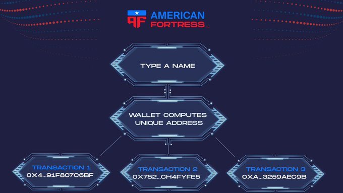 An American Fortress digital graphic illustrates a cryptocurrency transaction flow, showing 'TYPE A NAME' leading to 'WALLET COMPUTES UNIQUE ADDRESS' which branches into three transactions labeled 'TRANSACTION 1 0X4..91FB07C6F', 'TRANSACTION 2 0X752..CH4FYFE5', and 'TRANSACTION 3 0XA..3259AEC9B'.