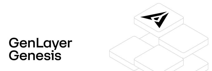A black and white graphic for 'GenLayer Genesis' featuring a geometric logo with a stylized 'G' arrow design on layered blocks.