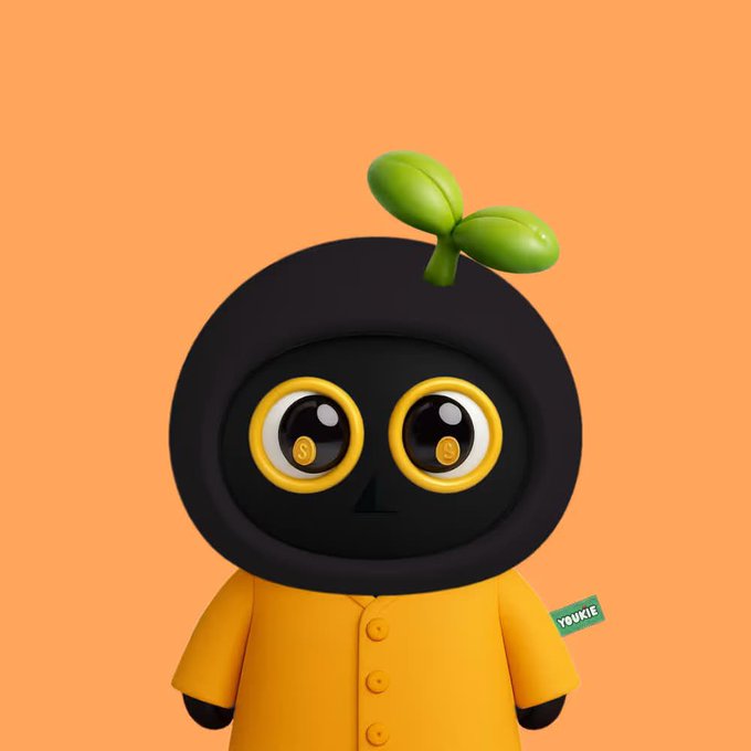 A 3D-rendered character with a black round head, large yellow-rimmed eyes with dollar signs in the pupils, a green sprout on top, and a yellow shirt against an orange background, tagged 'YOUKIE'.