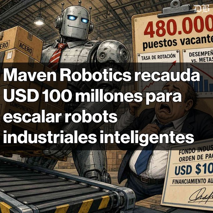 Illustration showing a large metallic robot standing over a sweating, distressed man in a suit, with Spanish text reading 'Maven Robotics recauda USD 100 millones para escalar robots industriales inteligentes' and background signs mentioning '480.000 puestos vacantes', 'TASA DE ROTACIÓN', and 'FONDO INDUSTRIAL USD $10'.