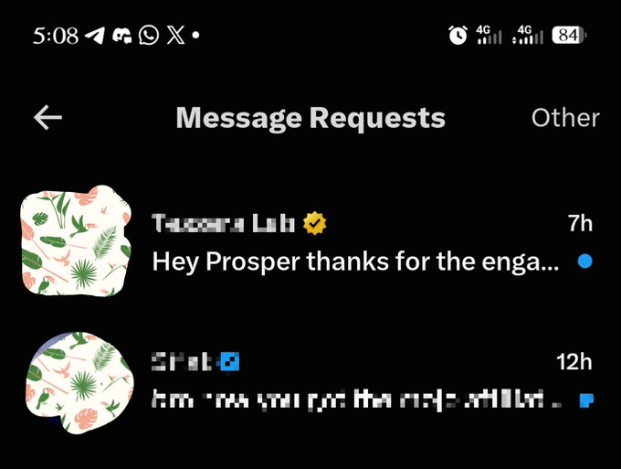 The image shows an Instagram "Message Requests" inbox with two unread messages from users "Taborn Lab" (7 hours ago) and another account (12 hours ago), both containing inquiries that appear to be business/affiliate opportunities, which the poster references in their caption about receiving an affiliate badge offer from a new project while already affiliated with Mojo.