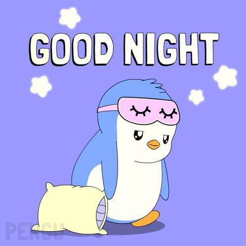 A cute cartoon illustration of a blue penguin wearing a pink sleep mask with closed eyes, holding a lantern under a starry night sky with the text 'GOOD NIGHT'.