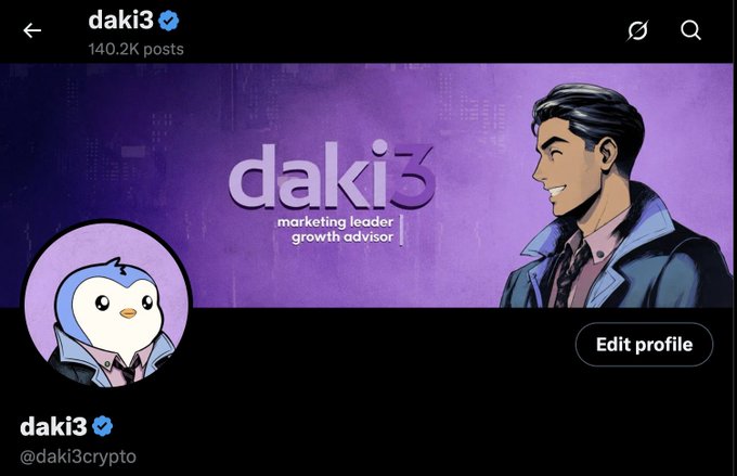 Twitter/X profile page for 'daki3' (@daki3crypto) with 140.2K posts, featuring a purple banner with 'daki3 - marketing leader, growth advisor' text and an illustrated avatar of a penguin character.