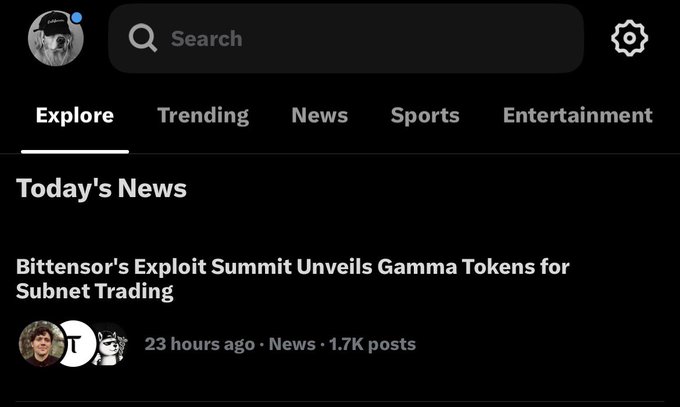 A Twitter/X mobile screenshot showing the Explore tab with a 'Today's News' article titled 'Bittensor's Exploit Summit Unveils Gamma Tokens for Subnet Trading' posted 23 hours ago.