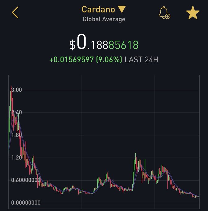 A cryptocurrency price chart for Cardano (ADA) showing a current global average price of $0.18885618, with a 24-hour increase of +0.01569597 (9.06%). The chart displays a significant long-term downtrend from around $3.00 to current levels.