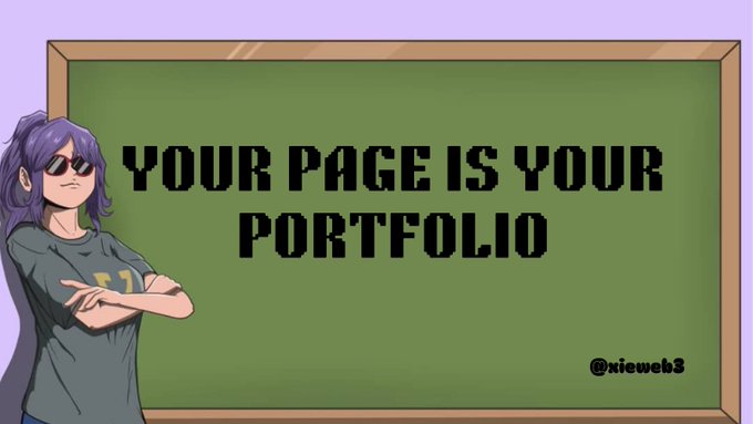 An illustrated graphic of a purple-haired character wearing sunglasses standing next to a chalkboard with the text "YOUR PAGE IS YOUR PORTFOLIO" and watermark "@xicweb3".
