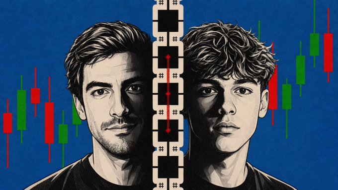 An illustrated graphic showing two men's faces separated by a vertical film strip, with green and red stock candlesticks in the background.