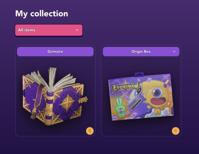 A screenshot of a 'My collection' interface showing two items: a 'Grimoire' (purple spellbook) and an 'Origin Box' (Everdraw box).