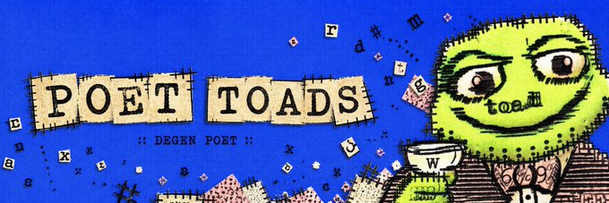 The image features a pixelated, stitched-texture banner for "POET TOADS" with the tagline ":: DEGEN POET ::", showing a green cartoon toad character holding a coffee cup surrounded by scattered letter tiles against a blue background. This promotional banner visually represents the $TOADS token's upgraded Pro status on Moby, displaying the brand's quirky, literary-themed identity across its social and profile presence.
