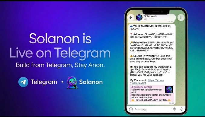 Promotional image for Solanon on Telegram, featuring the text 'Solanon is Live on Telegram - Build from Telegram, Stay Anon.' alongside a phone mockup showing the @SolanonBot interface with wallet address and private key information.