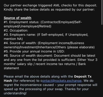 A message from RocketX Exchange demanding extensive personal and financial information—including employment status, income, source of wealth documentation like salary slips and bank statements—for an AML check on a 50 SOL transaction.