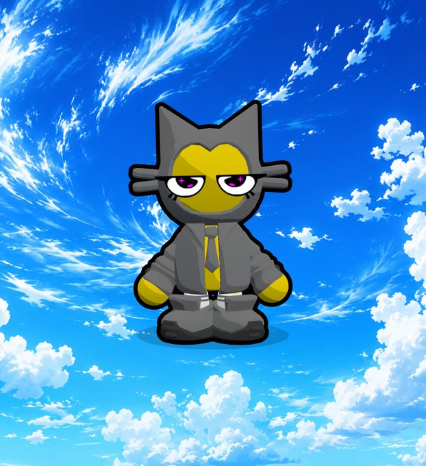 A digital illustration of a gray cartoon cat-like character with yellow eyes, wearing a gray hoodie and yellow tie, standing against a backdrop of a bright blue sky with fluffy clouds.