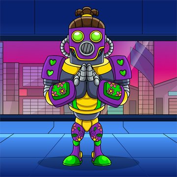 A vibrant, cartoon-style robot character with a purple and yellow body, green helmet, and heart-decorated shoulder pads stands with hands clasped against a neon cityscape backdrop, visually representing the colorful, community-driven brand identity behind the SH31L4 co-founder's initiative to reward holders via Unvault's DIVIT system.