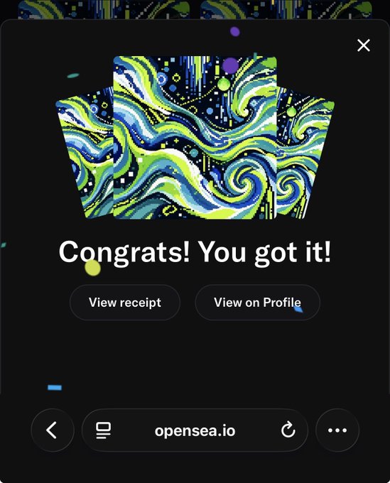 A mobile screenshot from opensea.io displays a "Congrats! You got it!" message with swirling blue and green artwork resembling Van Gogh's "Starry Night," indicating a successful free mint of an NFT, which aligns with the post suggesting this may be a free mint opportunity.
