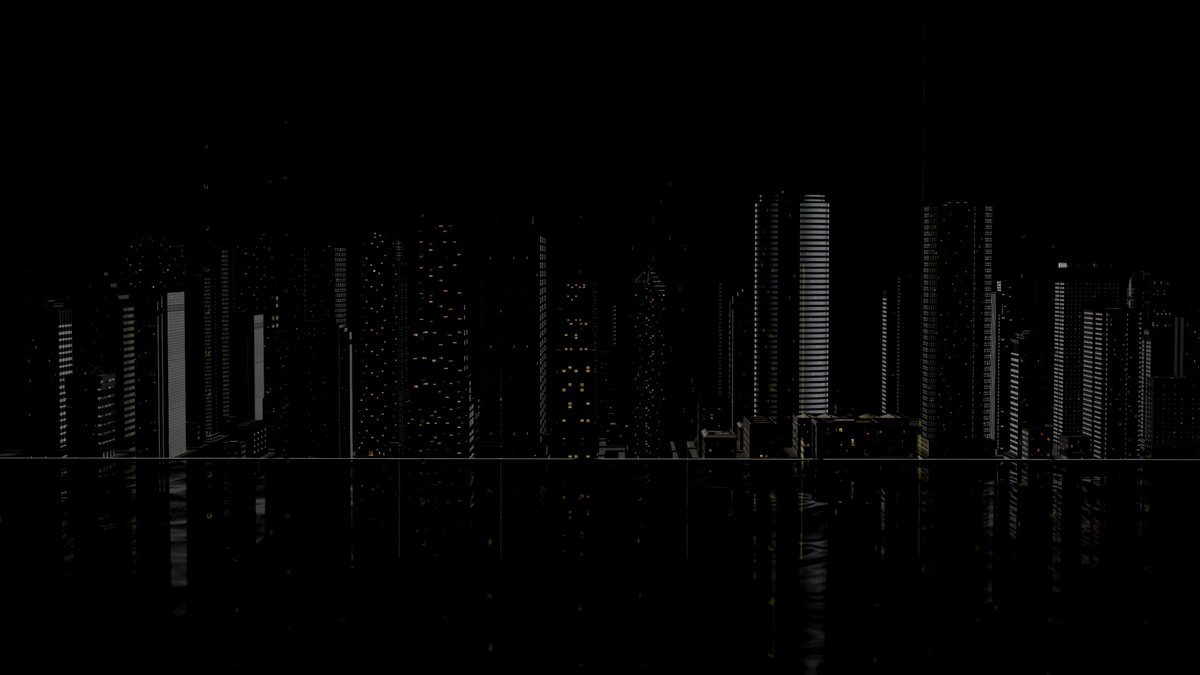 The image shows an urban cityscape at night with a long row of tall buildings illuminated by street lamps. The skyline is dark but has bright lights, giving the city a vibrant atmosphere. The image does not provide any context about whether this is a screenshot or a real-life picture, so it is essential to consider that aspect when interpreting the content.