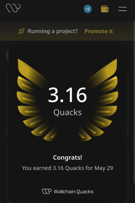 The image shows a phone screen displaying a gold-colored trophy with the text "Congratulations! You earned 3.16 Quacks for May 29th from @wallchain". The trophy represents the reward points earned by the user, who has posted on Wallchain. The app is designed to track and reward users based on their content quality and engagement levels.