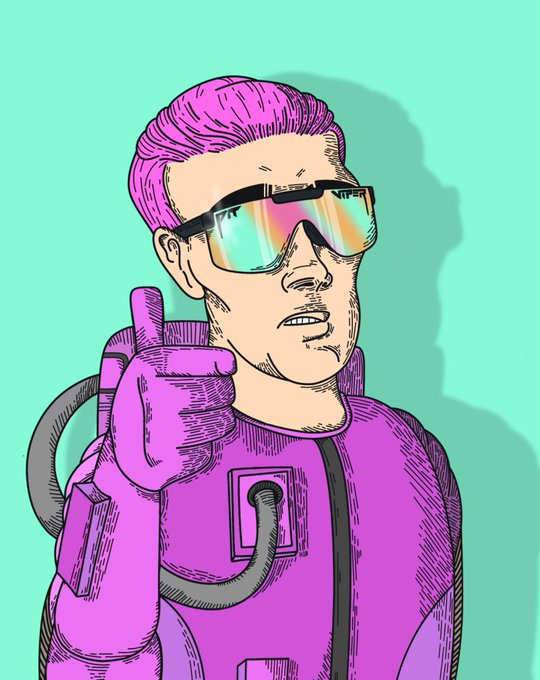 A stylized digital illustration features a man with bright pink hair, reflective sunglasses, and a pink glove giving a thumbs-up while wearing a futuristic pink suit with tubes.