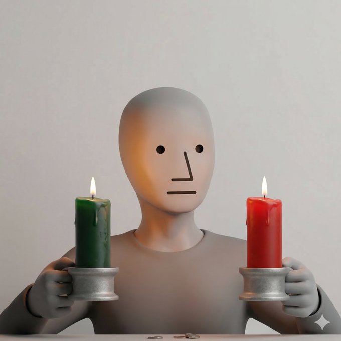 A faceless gray 3D figure with a neutral expression holds a green candle in one hand and a red candle in the other, both lit. The image humorously represents the "non-playable character" ($NPC) stock market meme, with the emotionless figure symbolizing an investor who mindlessly holds both bullish (green) and bearish (red) assets without making their own market decisions.