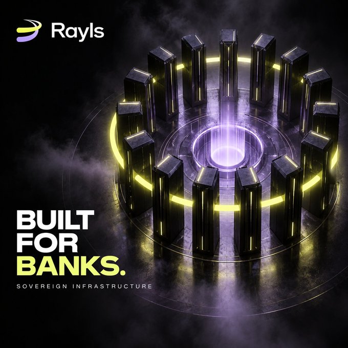 A promotional graphic for 'Rayls' displays the tagline 'BUILT FOR BANKS. SOVEREIGN INFRASTRUCTURE' alongside an illustration of server towers arranged in a circle with purple and yellow lighting.