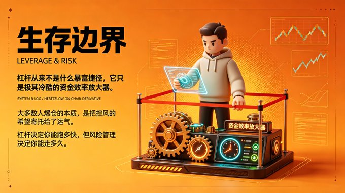 An orange promotional graphic titled '生存边界 LEVERAGE & RISK' features a 3D character in a hoodie next to mechanical gears and a laptop, with text including 'SYSTEM R-LOG / HERTZFLOW ON-CHAIN DERIVATIVE'.