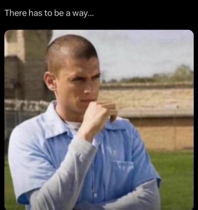 A man in a blue prison uniform stands in a contemplative pose with his hand near his mouth, captioned "There has to be a way..." The image humorously illustrates the desperation of trying to get noticed by @betty_nft, comparing the elaborate scheming required to a prisoner's intense determination to escape.