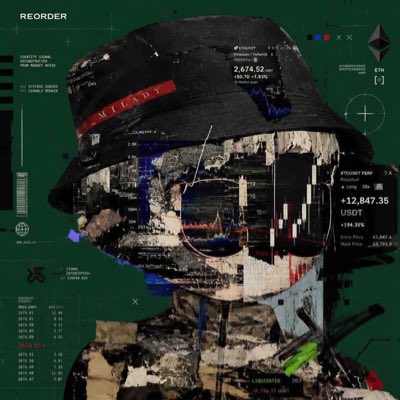 A gritty digital illustration features a figure wearing a black bucket hat with a red "McLaren" strap, with the face obscured by glitchy overlays of stock charts, financial data, and the word "REORDER".