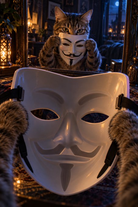 A tabby cat holding a white Guy Fawkes mask up to its face in front of a mirror, with a larger white V for Vendetta mask in the foreground.
