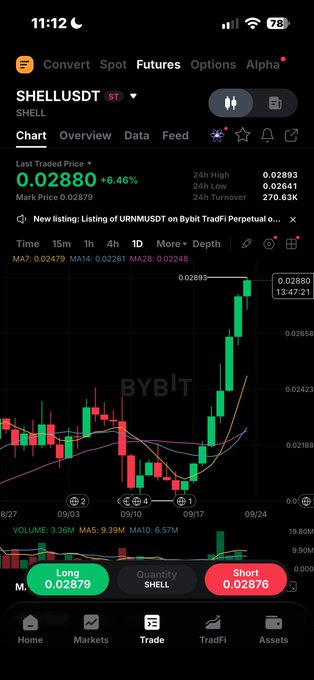 A screenshot of the Bybit crypto trading app showing the SHELL/USDT trading pair chart with a last traded price of 0.02880, up 6.46%, on Bybit Perpetual.