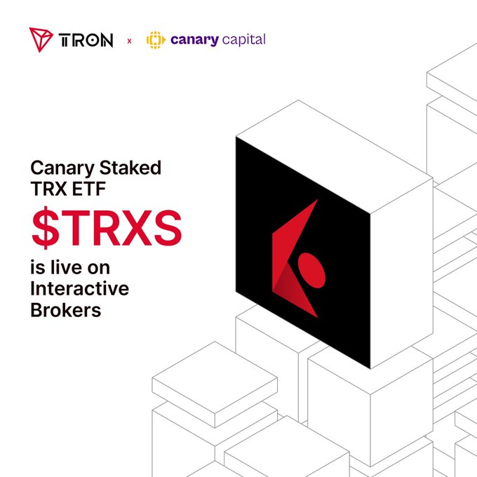 The image is a promotional graphic from TRON and Canary Capital announcing that the Canary Staked TRX ETF ($TRXS) is now live on Interactive Brokers, featuring both companies' logos alongside the text "$TRXS is live on Interactive Brokers" and a large display of the red TRON logo on a 3D cube structure.