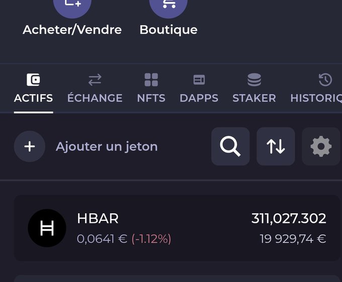 Crypto wallet interface in French showing HBAR token holdings of 311,027.302 (19,929.74 €), with a current price of 0.0641 € (-1.12%).