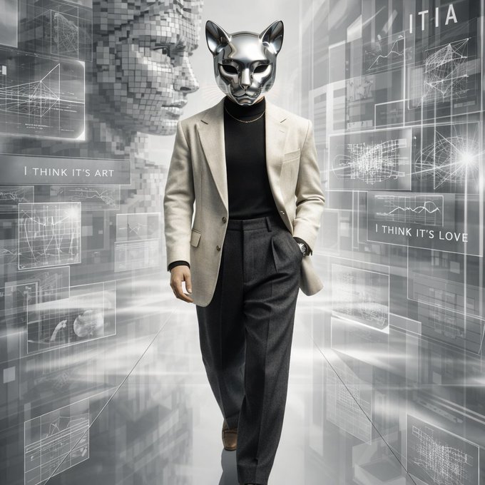 A person wearing a silver cat mask, a light-colored blazer over a black turtleneck, and dark trousers walking through a futuristic, digital environment featuring holographic displays with the text 'I THINK IT'S ART' and 'I THINK IT'S LOVE'.