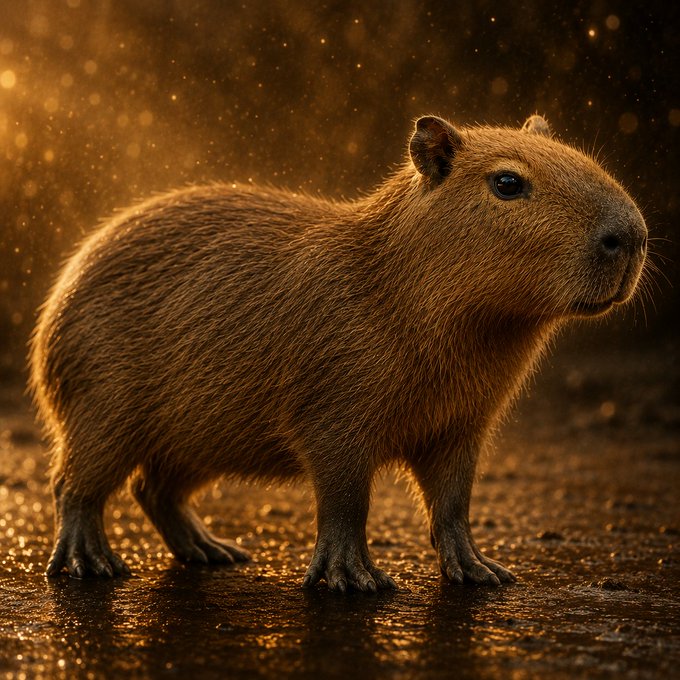 A detailed digital rendering of a capybara standing in golden warm lighting with dust particles floating in the air, casting long shadows on the wet ground.