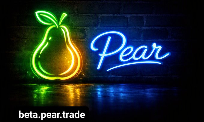 Neon sign advertisement featuring a green and yellow pear illustration alongside blue cursive 'Pear' text, with the URL 'beta.pear.trade' displayed at the bottom.