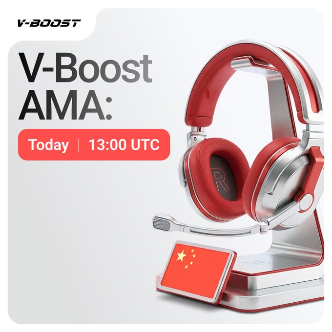 The image features a pair of red headphones with silver accents, placed on a stand or display. The headphones are positioned such that they face upwards, allowing for an unobstructed view. In front of the headphones, there's a small flag displaying the Chinese character "日本語" which translates to "Chinese". This suggests that the image is related to a V-boost AMA session in China.