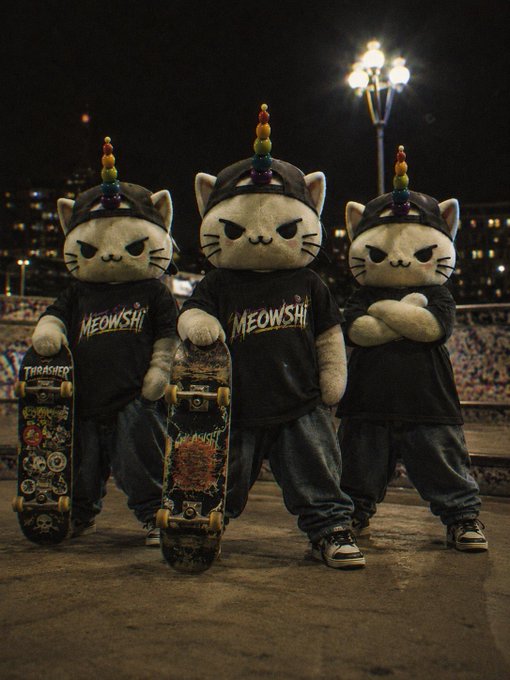 Three plush cat mascots with rainbow horns and menacing grins wear matching "MEOWSHI" t-shirts while posing with skateboards at night. The image humorously visualizes the post's reference to a "Vampire Attack" by depicting Sushi's cat-themed branding as skater warriors ready to take on memecoin launchpad rivals.