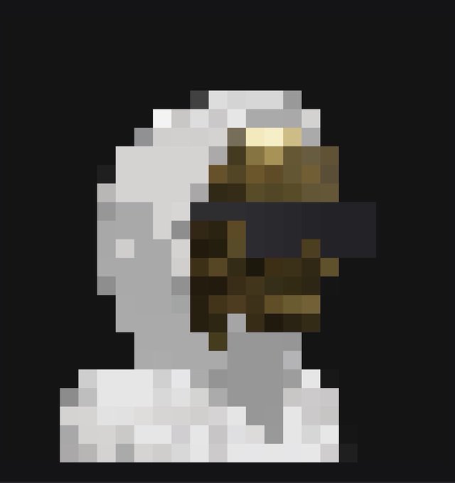 Pixel art of a character with a white hooded outfit and dark goggles or mask against a black background.