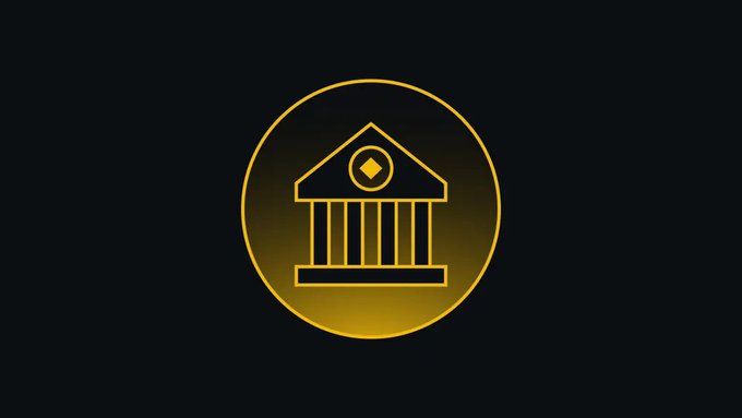 A gold-colored graphic icon depicting a classical bank or government building with columns, set inside a glowing circle on a dark gray background.