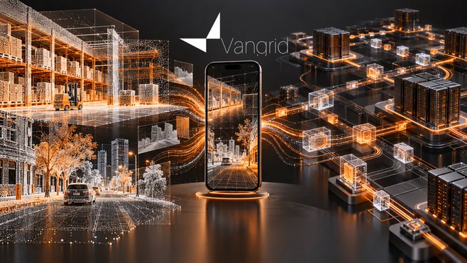 A promotional graphic for 'Vangrid' showing a smartphone displaying an aerial cityscape, surrounded by digital representations of buildings and data streams.