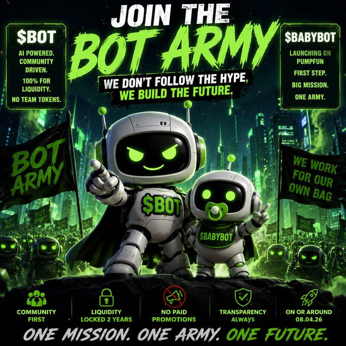 A vibrant neon-green promotional graphic for the $BOT and $BABYBOT meme tokens, featuring two cartoon robots holding flags and pointing forward amid an army of smaller bots, with key text including "JOIN THE BOT ARMY," "WE DON'T FOLLOW THE HYPE, WE BUILD THE FUTURE," and launch details citing "LAUNCHING ON PUMPFUN" and "ON OR AROUND 08.04.26." The imagery aligns with the post's message of an AI-powered, meme-fueled community token, emphasizing themes of unity, transparency, and a locked 2-year liquidity plan.