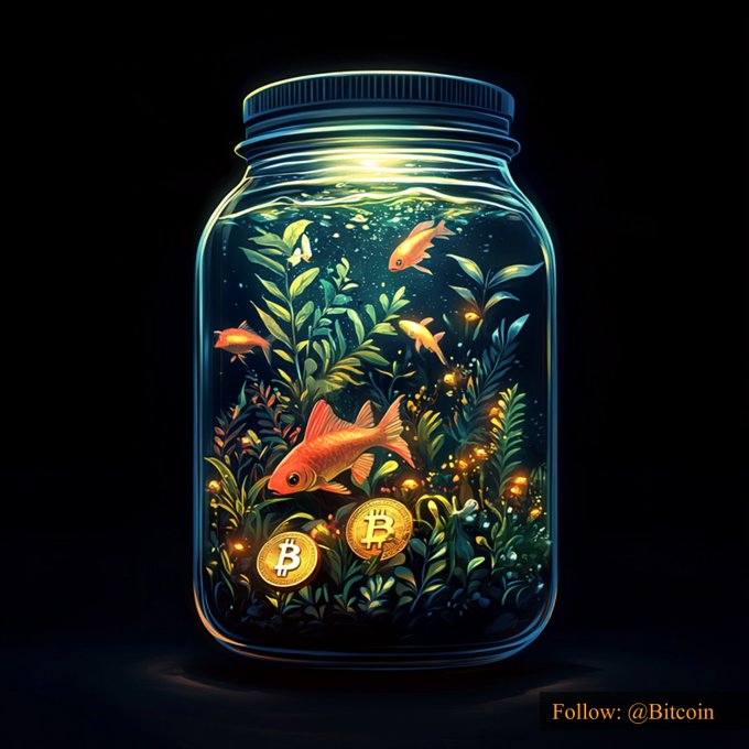 A glowing glass jar filled with water, goldfish, aquatic plants, and gold Bitcoin coins illustrates the idea of Bitcoin “in a jar.” The post text reads “$84,126.58 #Bitcoin,” and the image includes “Follow: @Bitcoin” in the lower-right corner.