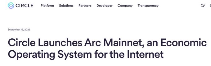 A webpage header from Circle announcing the launch of the 'Arc Mainnet, an Economic Operating System for the Internet,' dated September 16, 2026.