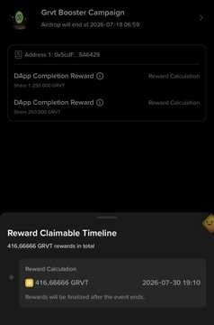 The image displays a "Grvt Booster Campaign" interface showing an airdrop claimable timeline totaling 416.66666 GRVT rewards, with a snippet noting rewards finalized on 2026-07-30. The accompanying Vietnamese post celebrates earning a Top 300 Creatorpad share plus GRVT booster tokens from just 5 days of Binance Square activity, highlighting the campaign's link shown on screen.