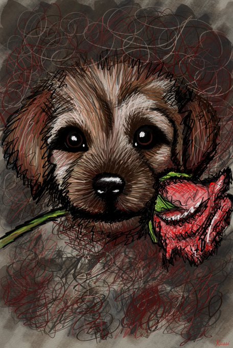 A stylized digital illustration depicts a brown puppy holding a red rose in its mouth, set against a dark, scribbled background.