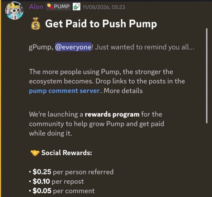 A Discord message from user 'Alon' titled 'Get Paid to Push Pump' announcing a rewards program with $0.25 per referral, $0.10 per repost, and $0.05 per comment.