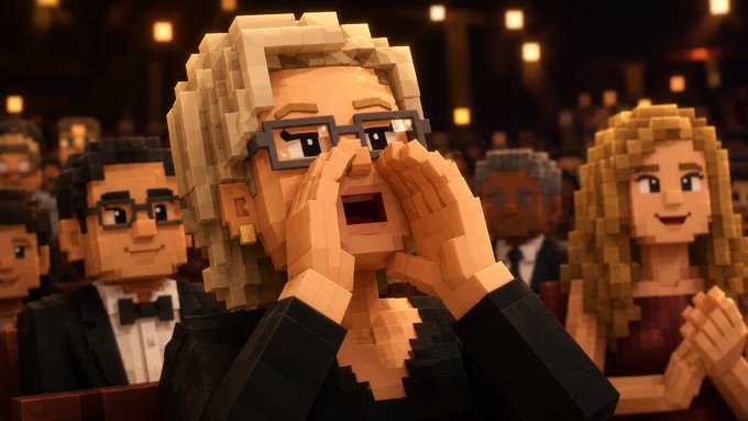 A Minecraft-style voxel art scene showing a blonde woman with glasses yelling with her hands cupped around her mouth while sitting in a theater audience.
