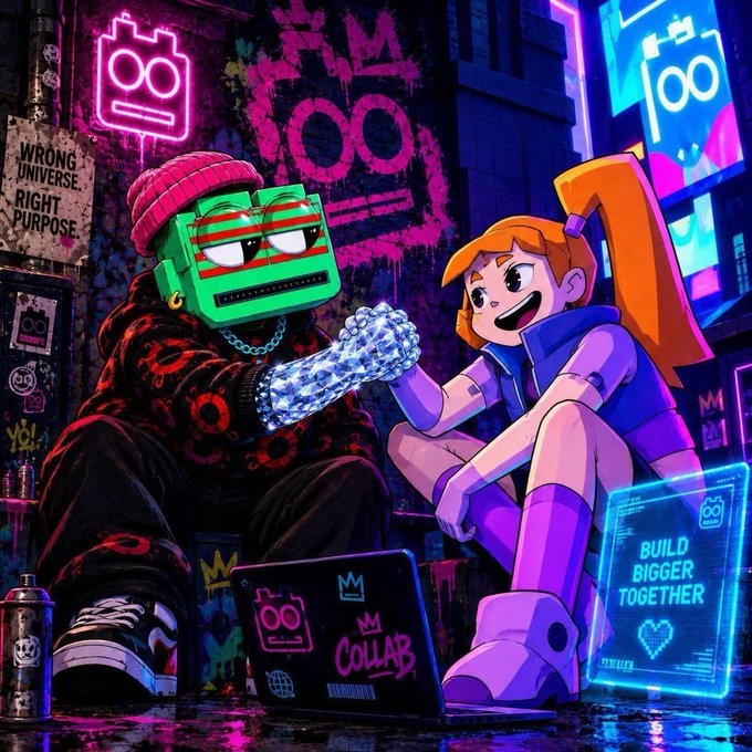 Vibrant cyberpunk-style artwork showing a green robot-headed character in streetwear bumping a sparkling fist with an orange-haired girl in purple clothing, with 'BUILD BIGGER TOGETHER' displayed on a screen.
