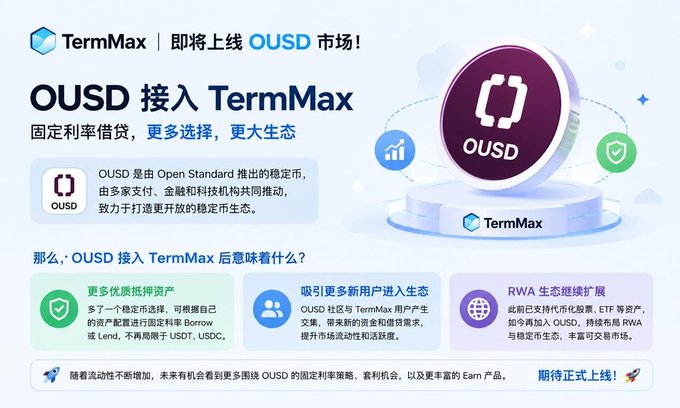 A Chinese-language promotional graphic announcing "TermMax"即将上线 OUSD 市场! (TermMax OUSD Market Launch), explaining OUSD接入 TermMax with bullet points about stablecoin lending and ecosystem expansion.
